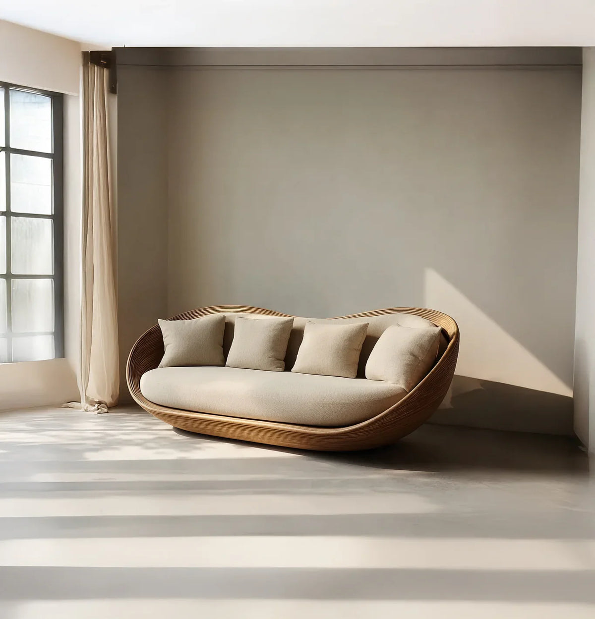 Modern beige sofa with wooden frame and four cushions in bright minimalistic room with large window