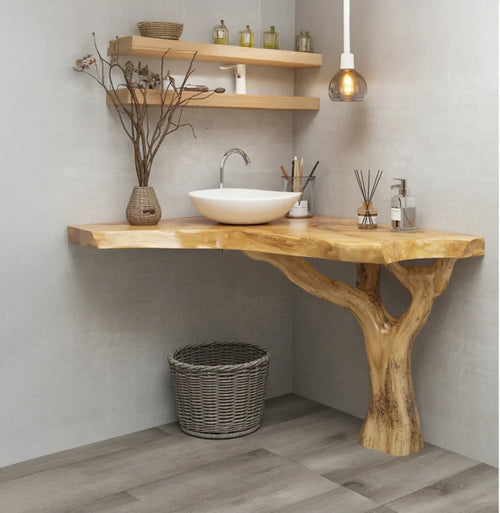 Ashdeco Corner Bathroom Vanity – Live Edge Solid Wood with Tree Trunk Base