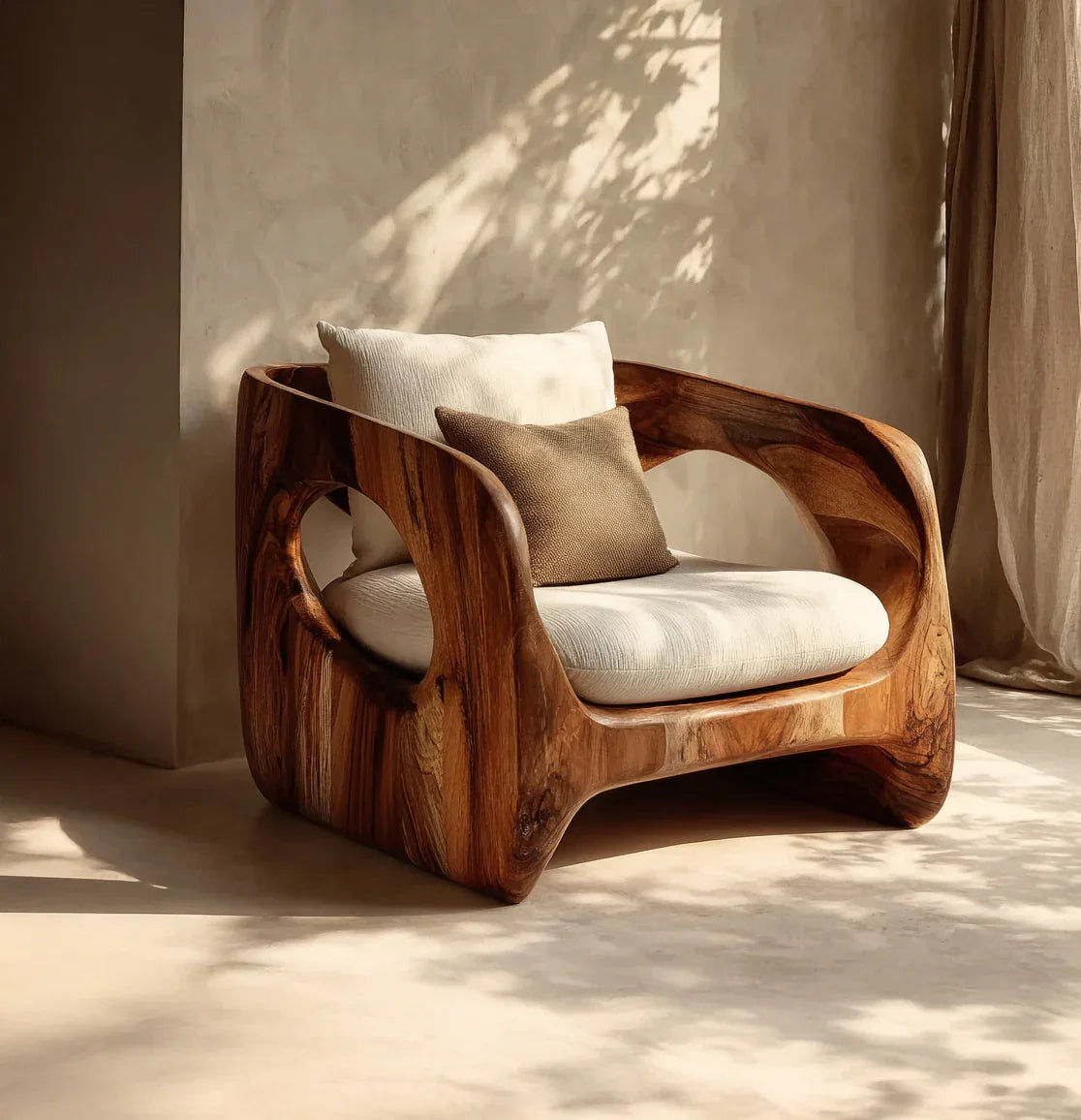 Solid wood armchair with natural live edge design, white cushion, and brown accent pillow in sunlight.