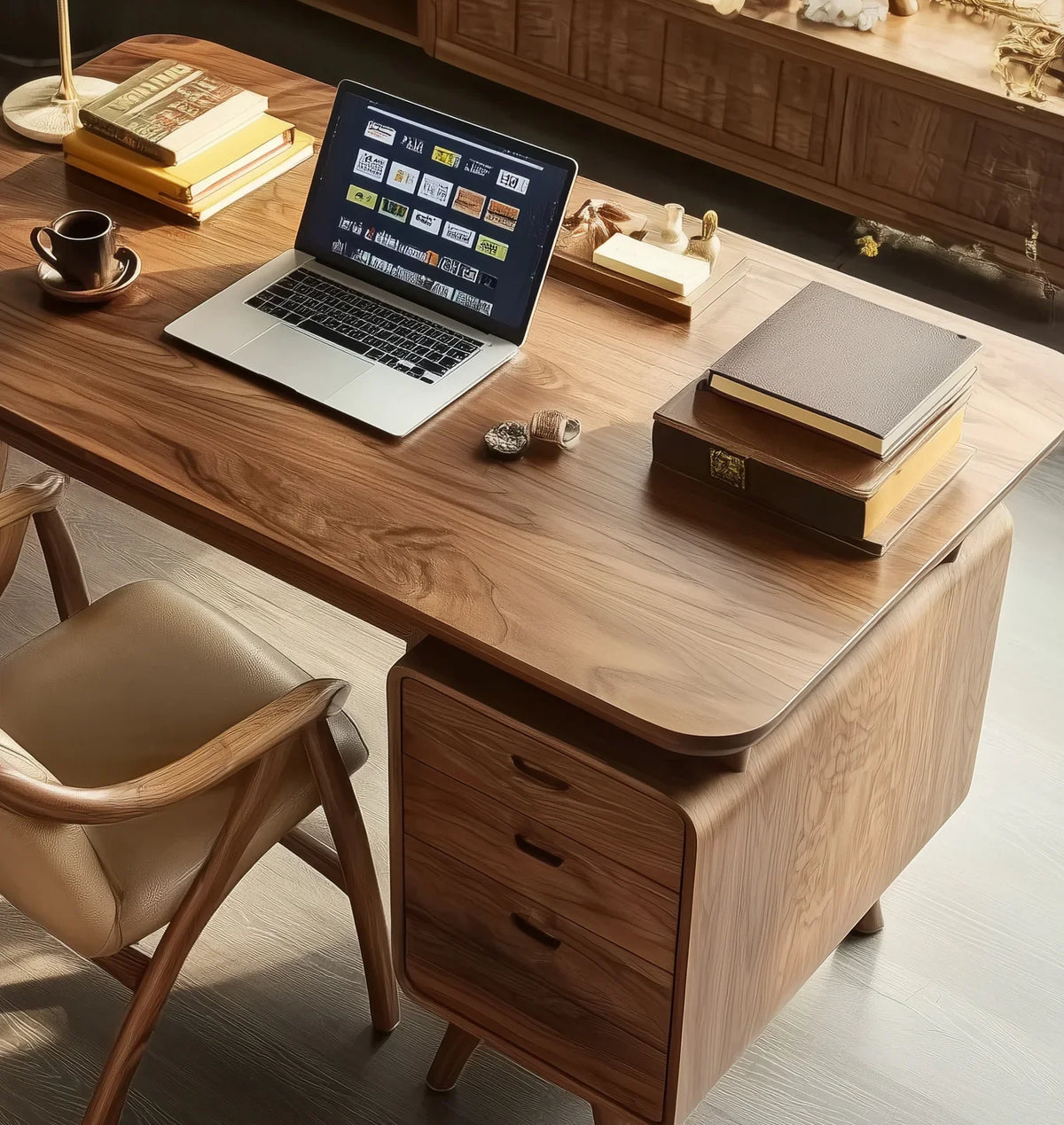 Solid wood office desk with drawers, laptop, books, and chair in a home workspace