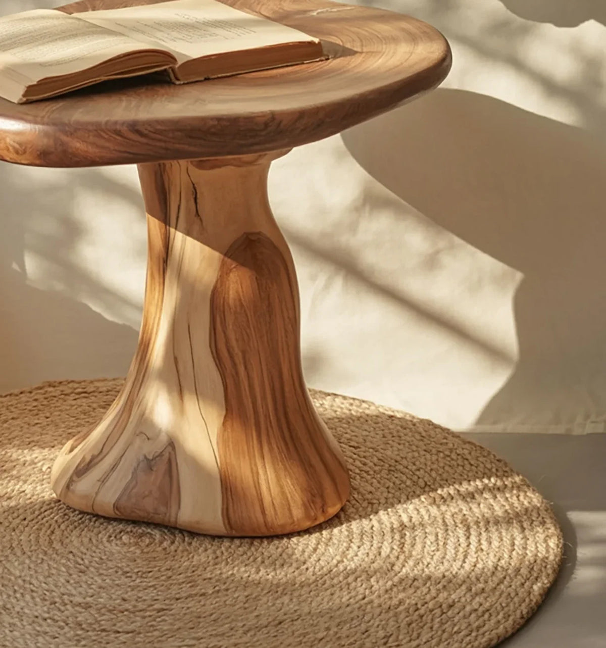Natural wood mushroom-shaped side table on round woven jute rug with open book