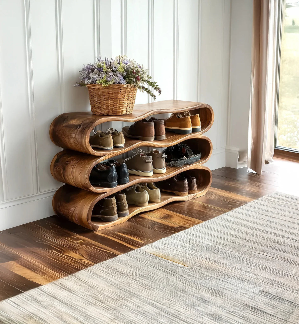 Modern wooden shoe rack with wave design holding various shoes and a basket of flowers in a bright room