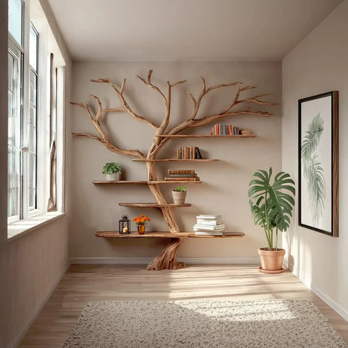 Solid Driftwood Wall Bookshelf – Rustic Tree Branch Floating Shelf Décor