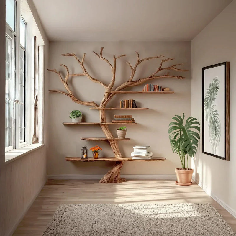 Solid wood tree bookshelf with live edge shelves in modern living room, decorated with books and plants.