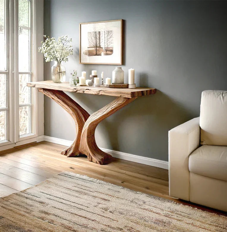 Live edge solid wood console table with decorative candles and vase in modern living room