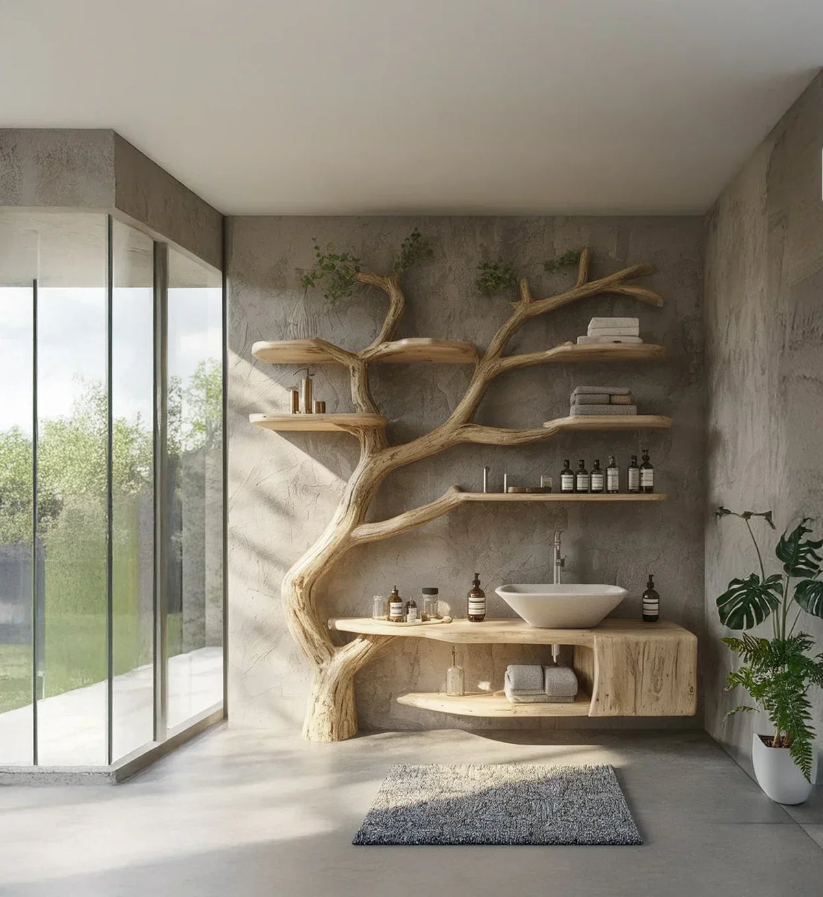 Modern bathroom with natural wood tree branch shelves, vessel sink, and minimalist decor