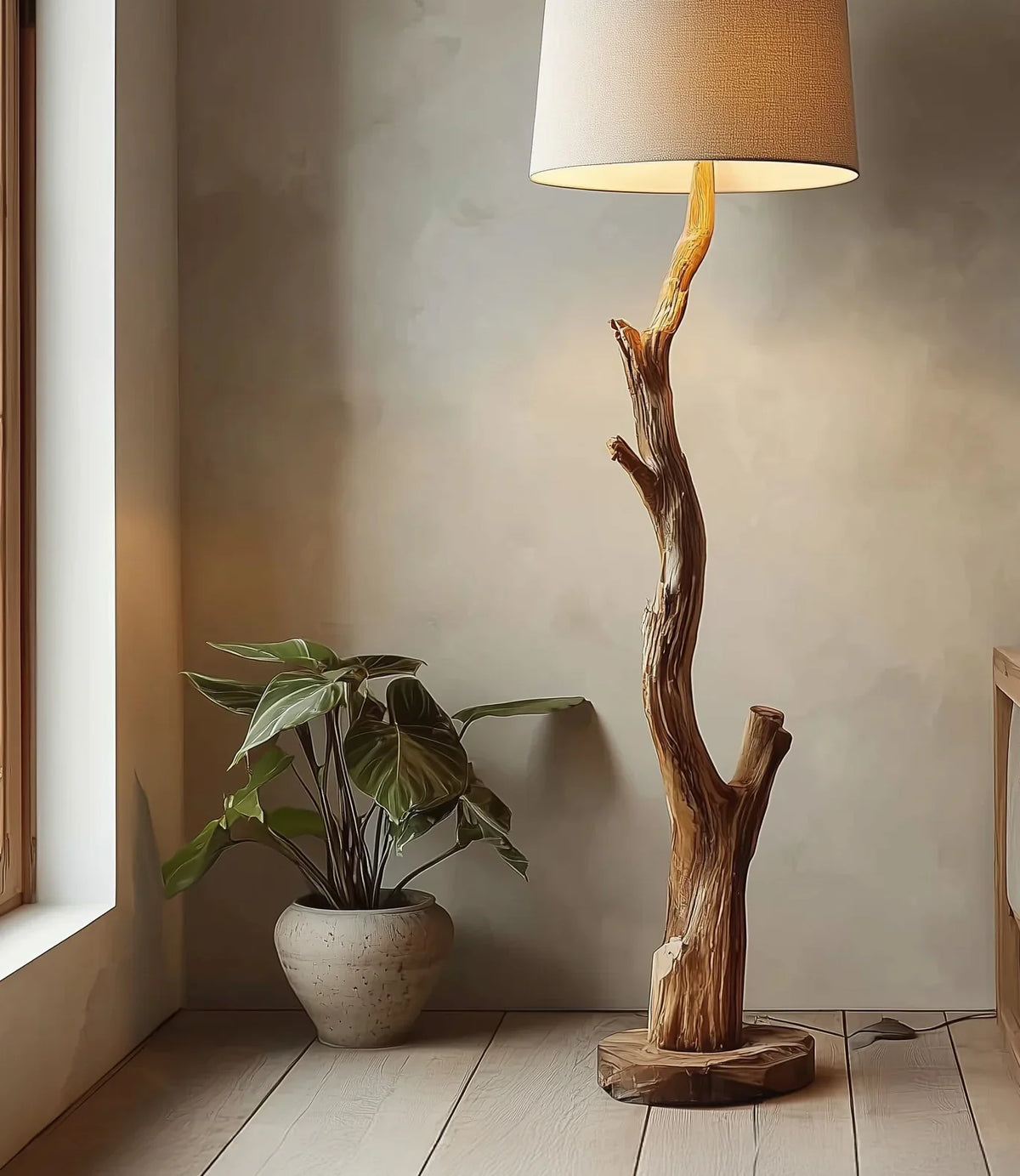 Live edge wood floor lamp with natural branch design beside a potted plant in a modern room
