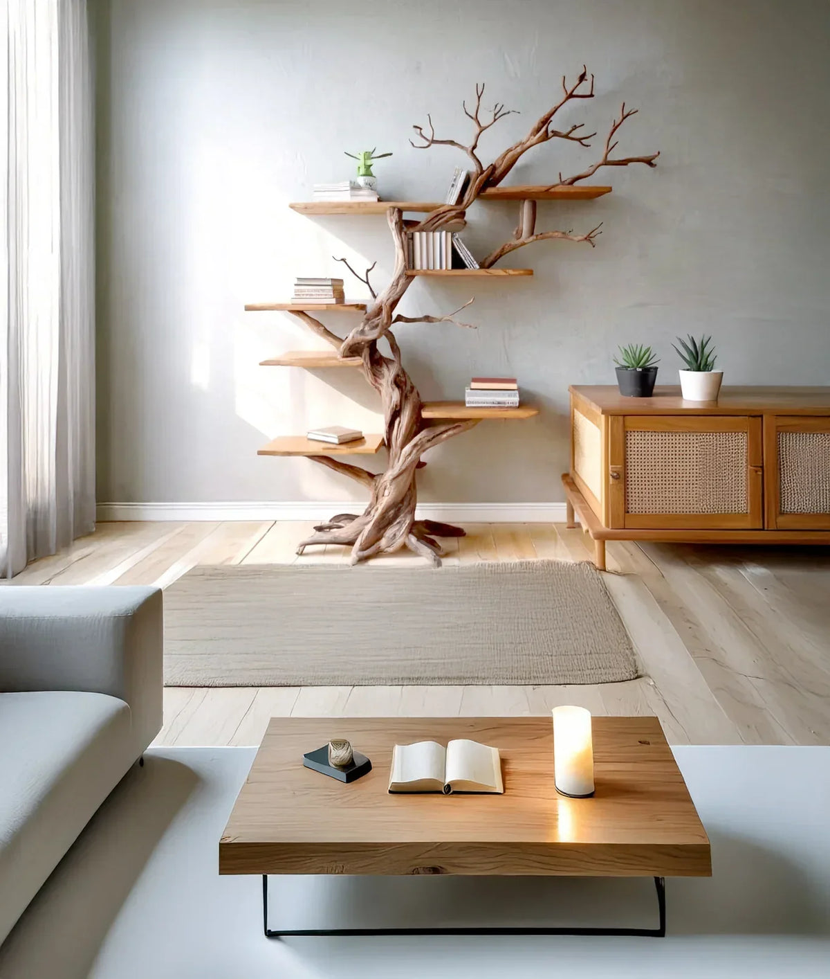 Modern living room with a live edge wooden tree bookshelf, solid wood coffee table, and minimalist decor