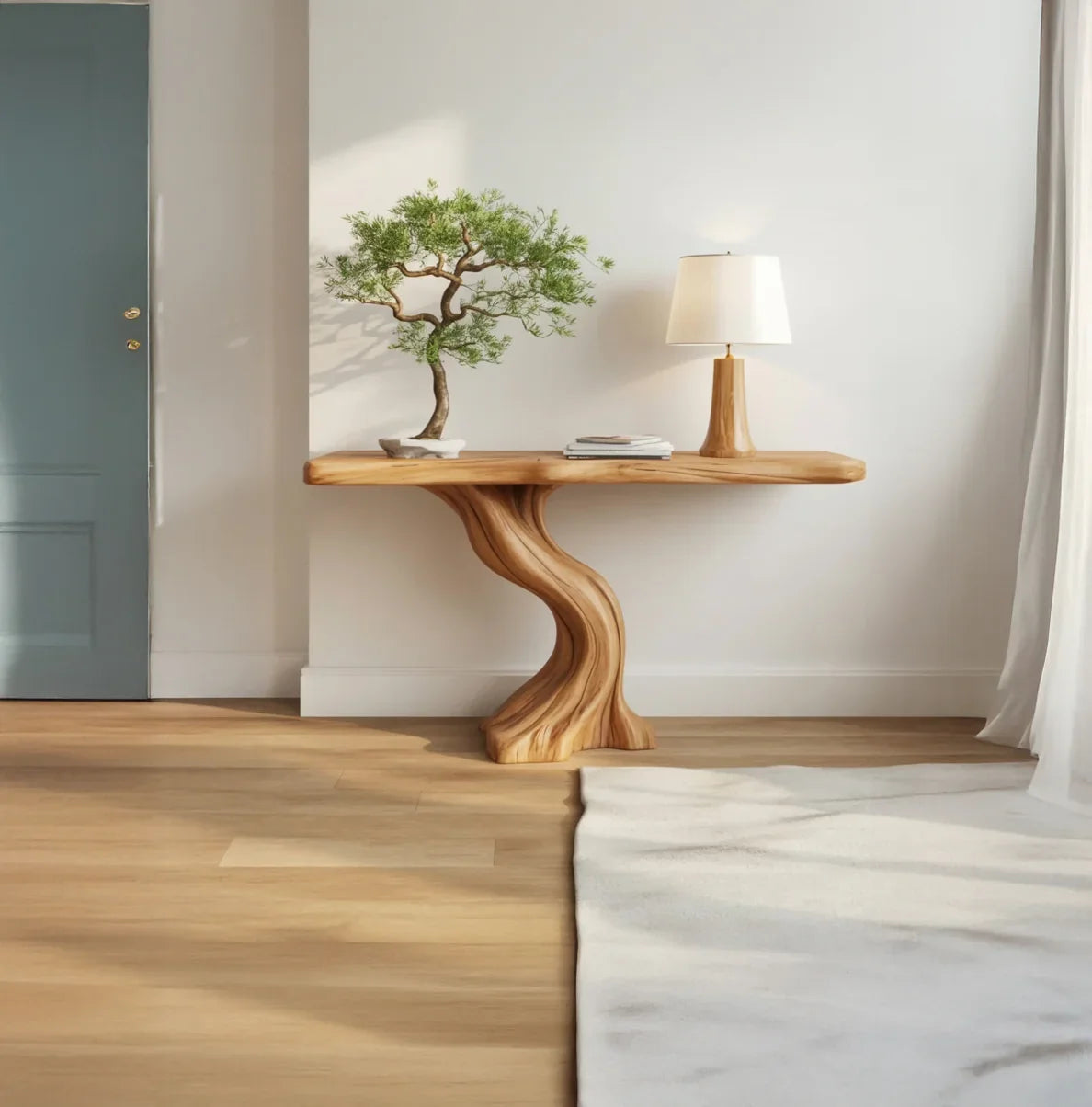 Modern entryway with live edge solid wood console table, bonsai tree, and lamp