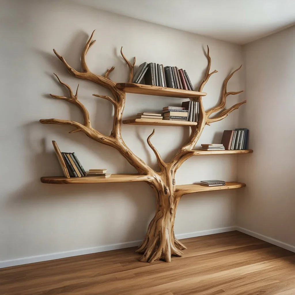 Tree-shaped solid wood bookshelf with floating shelves and books in a minimalist room