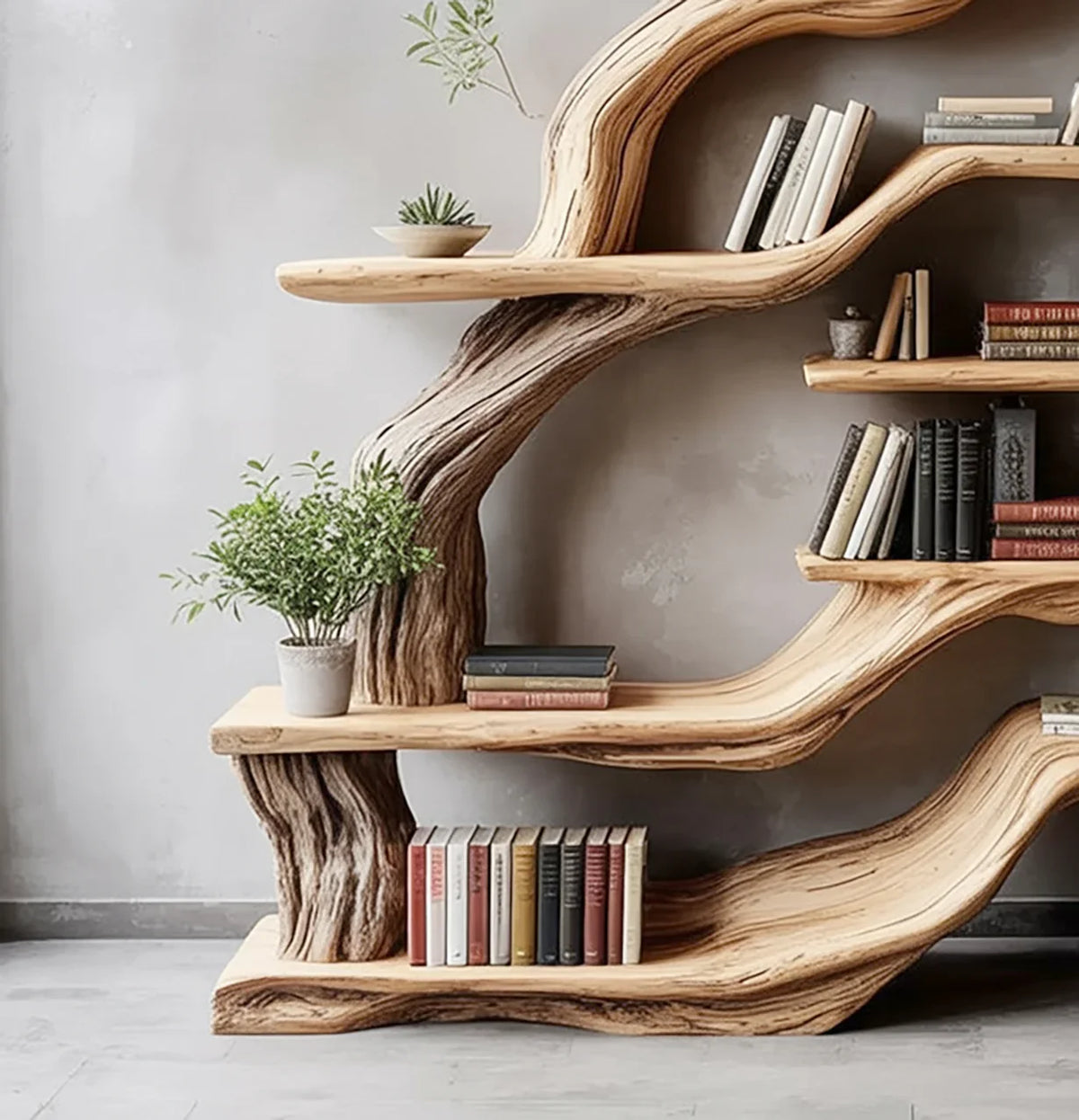 Live edge tree bookshelf with books and potted plants against a gray wall