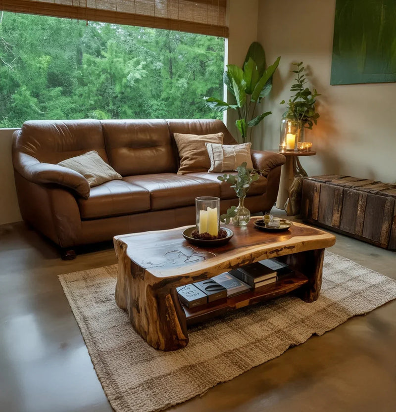 Cozy living room with brown leather sofa, natural wood coffee table, indoor plants, and large window view