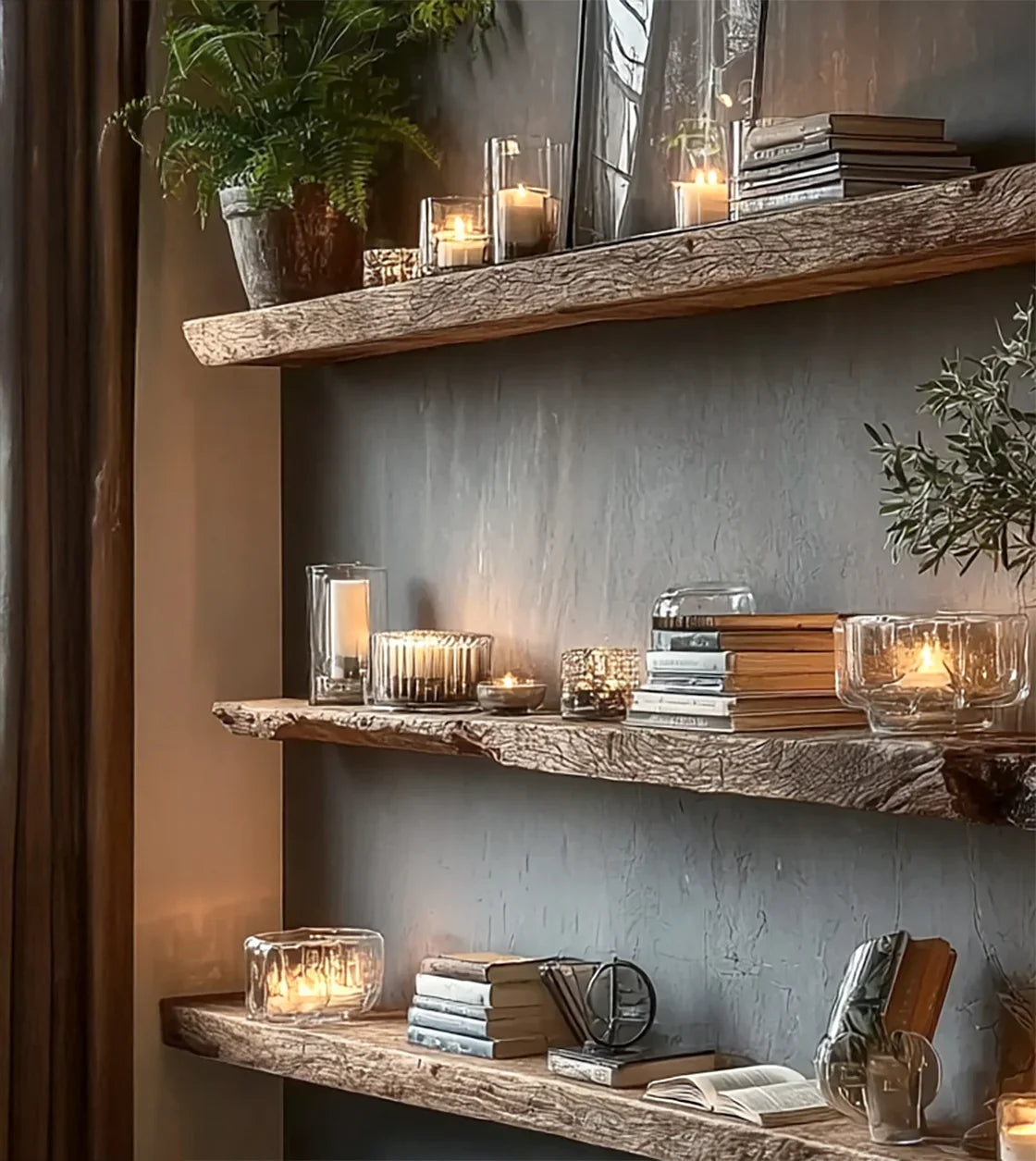 Rustic wooden shelves with lit candles, stacked books, and green plants against textured wall