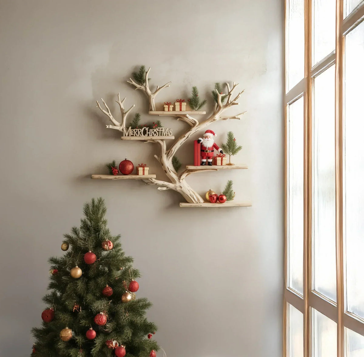 Tree-shaped wooden wall shelf with Christmas decorations and a decorated Christmas tree nearby.