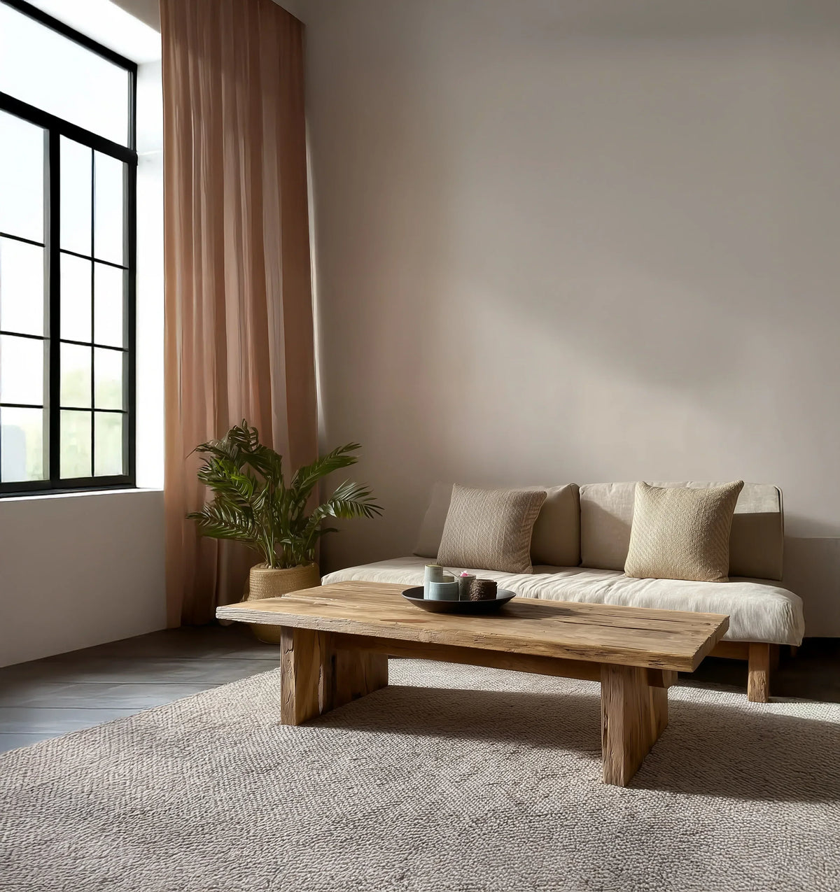 Solid wood live edge coffee table in modern living room with neutral sofa and indoor plant