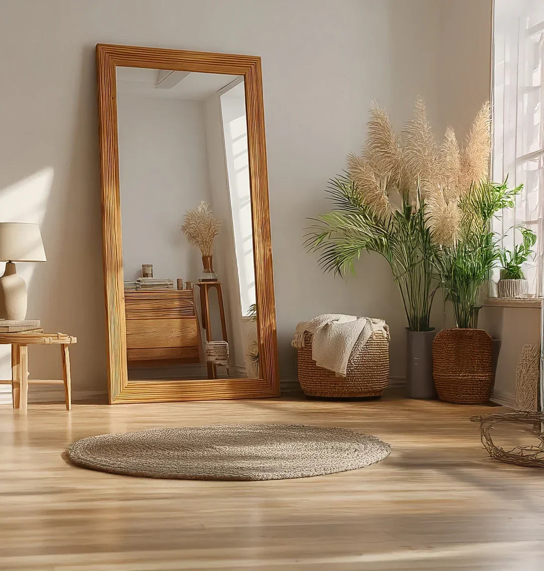 Modern living room with large wooden floor mirror, potted plants, and round woven rug