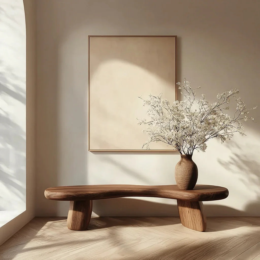 Minimalist modern interior with wooden bench, textured ceramic vase, and dried floral arrangement
