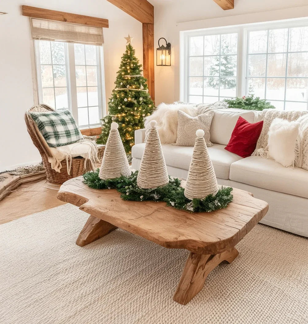 Cozy living room with rustic wooden coffee table and wrapped cone Christmas decorations