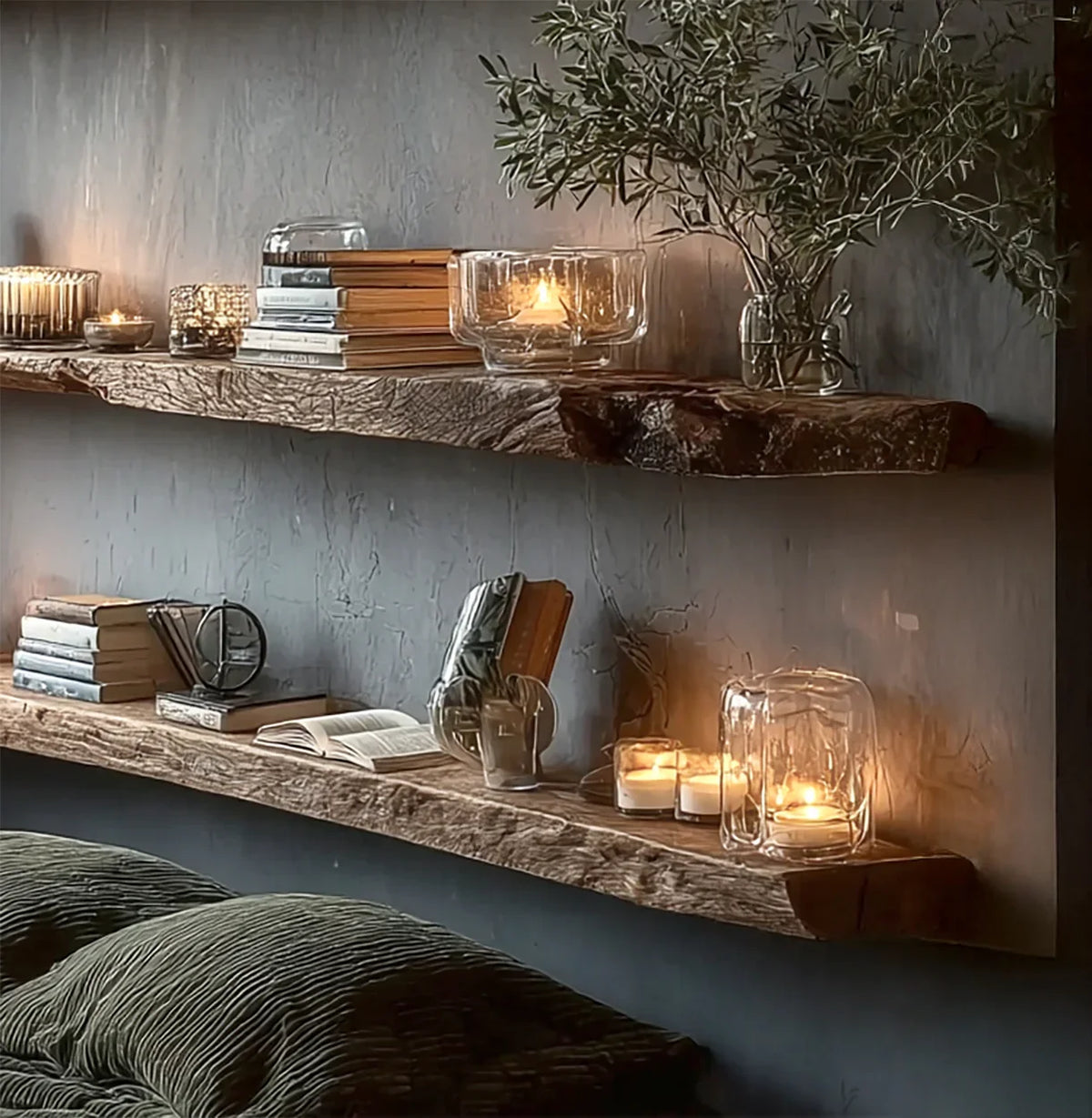 Rustic wooden wall shelves with books, candles in glass holders, and decorative plants in moody lighting