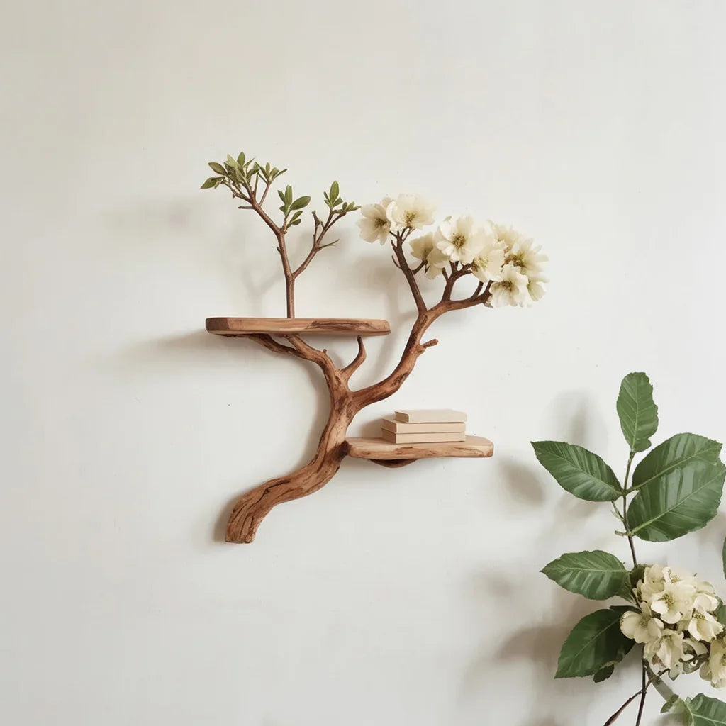Wall-mounted wooden shelf shaped like a tree branch with flowers and small books on shelves