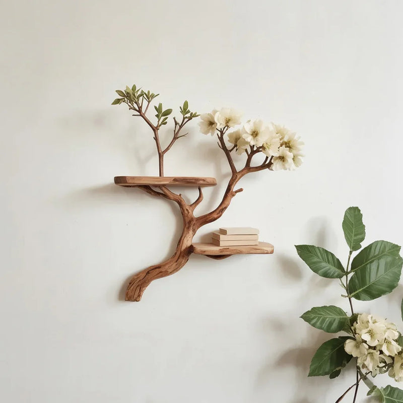 Wall-mounted wooden shelf shaped like a tree branch with flowers and small books on shelves