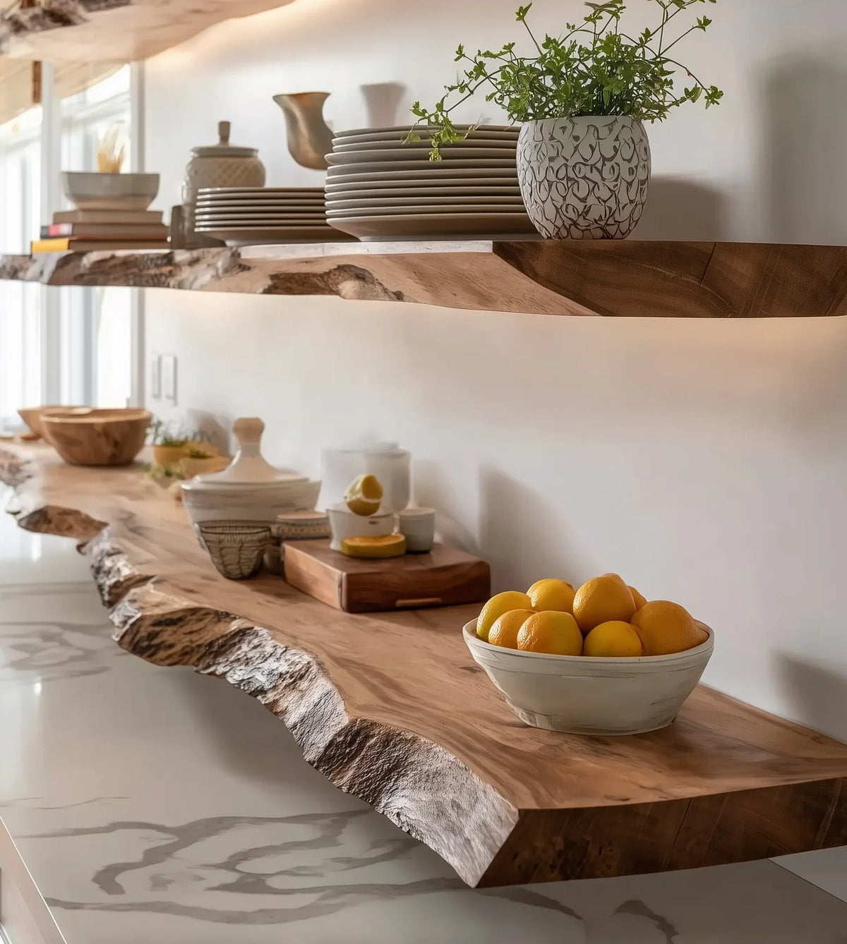 Rustic live edge wooden shelves with decorative ceramics, fresh lemons, and a potted plant in a modern kitchen