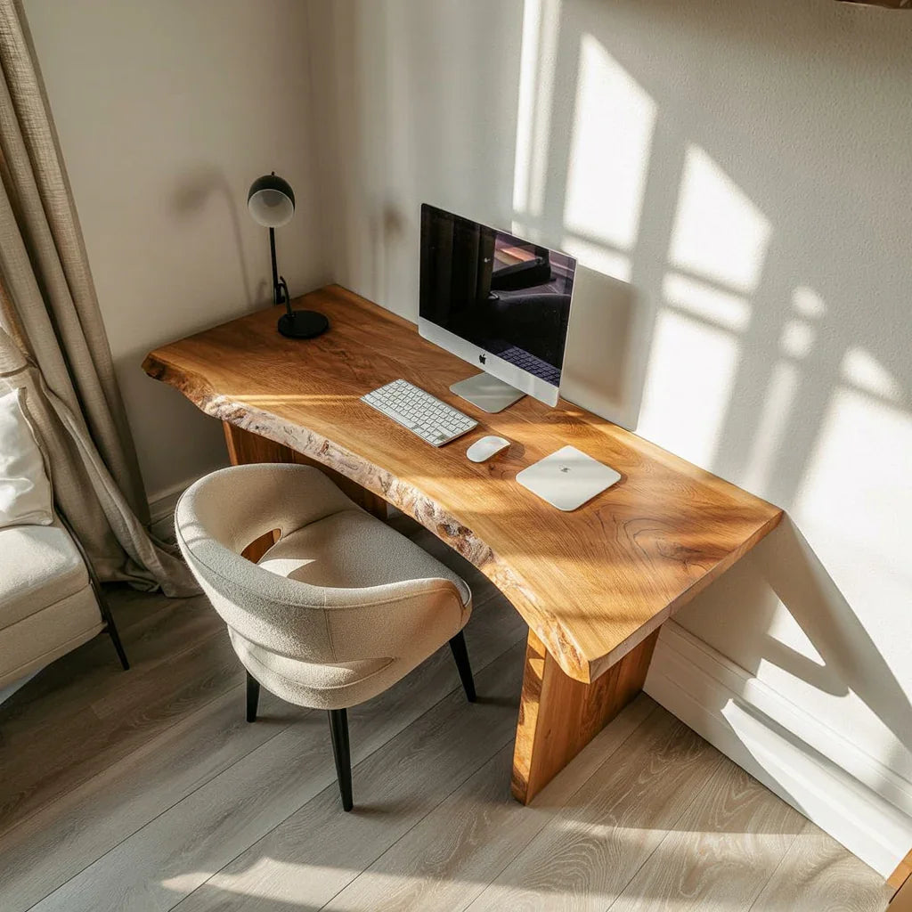 Live edge solid wood desk in bright home office with computer and modern chair