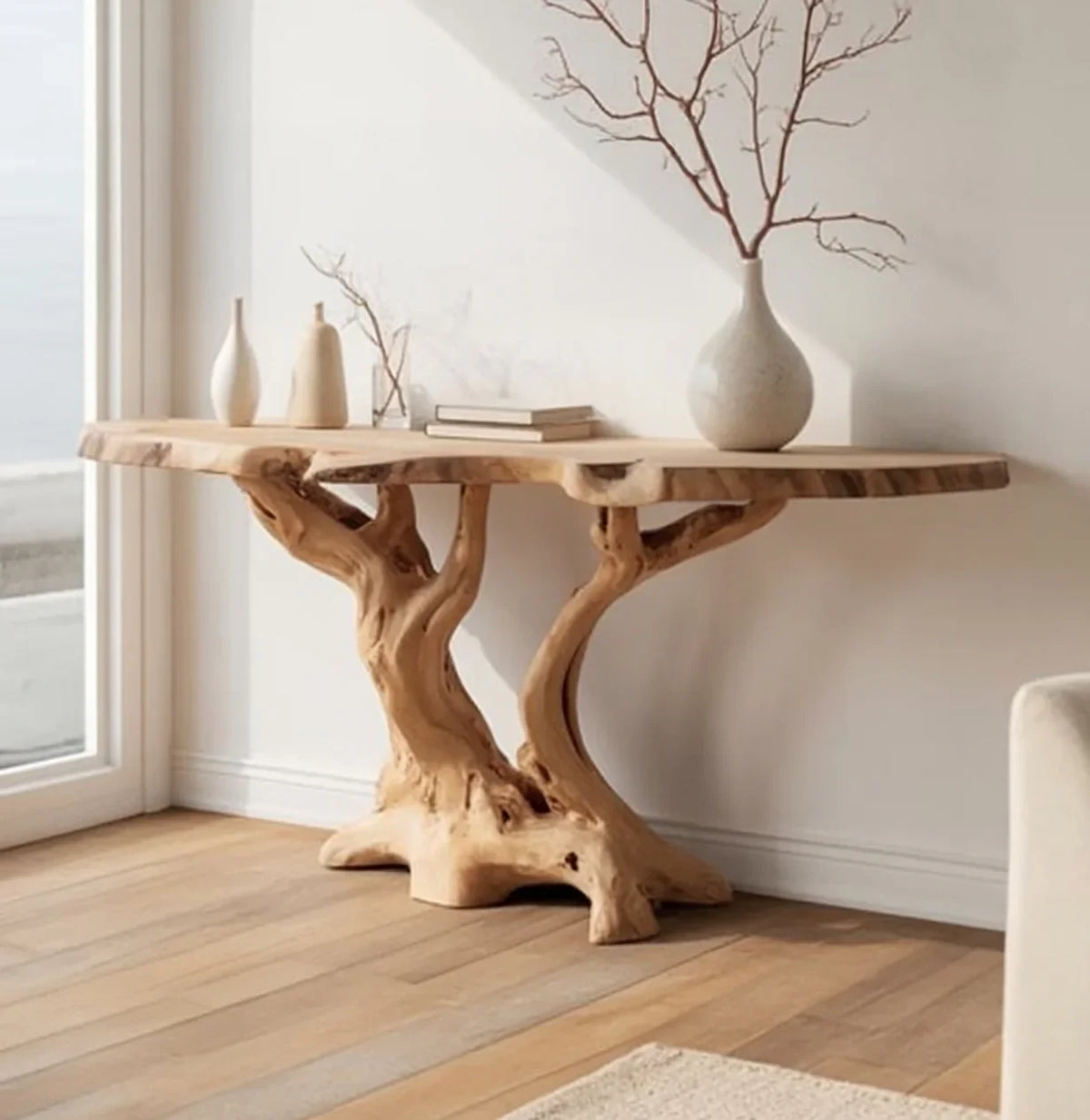 Live edge solid wood console table with natural tree trunk base, minimalist decor
