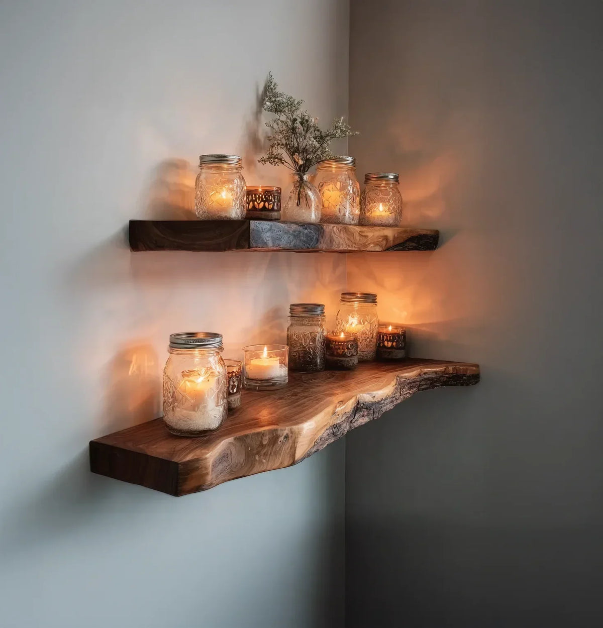 Live edge floating wood shelves with candles and jars creating a cozy, rustic decor display.