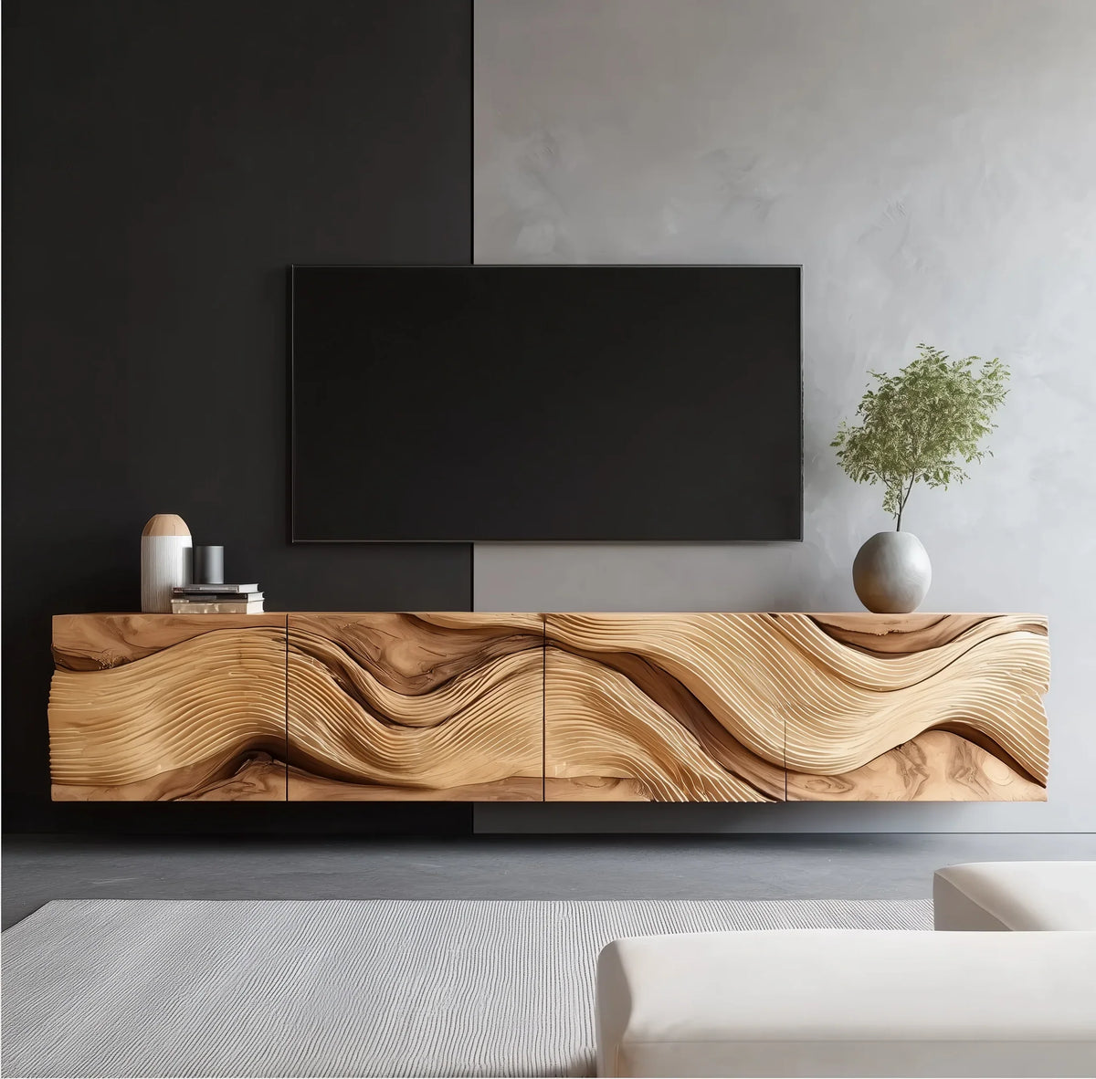 Modern living room with a sculpted wood floating console, wave pattern, and minimalist decor