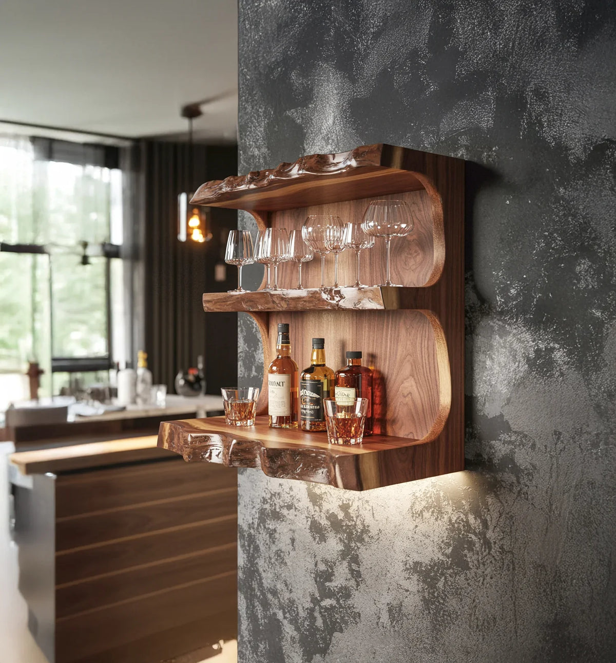 Rustic live-edge wooden wall shelf holding whiskey bottles and glasses in modern kitchen