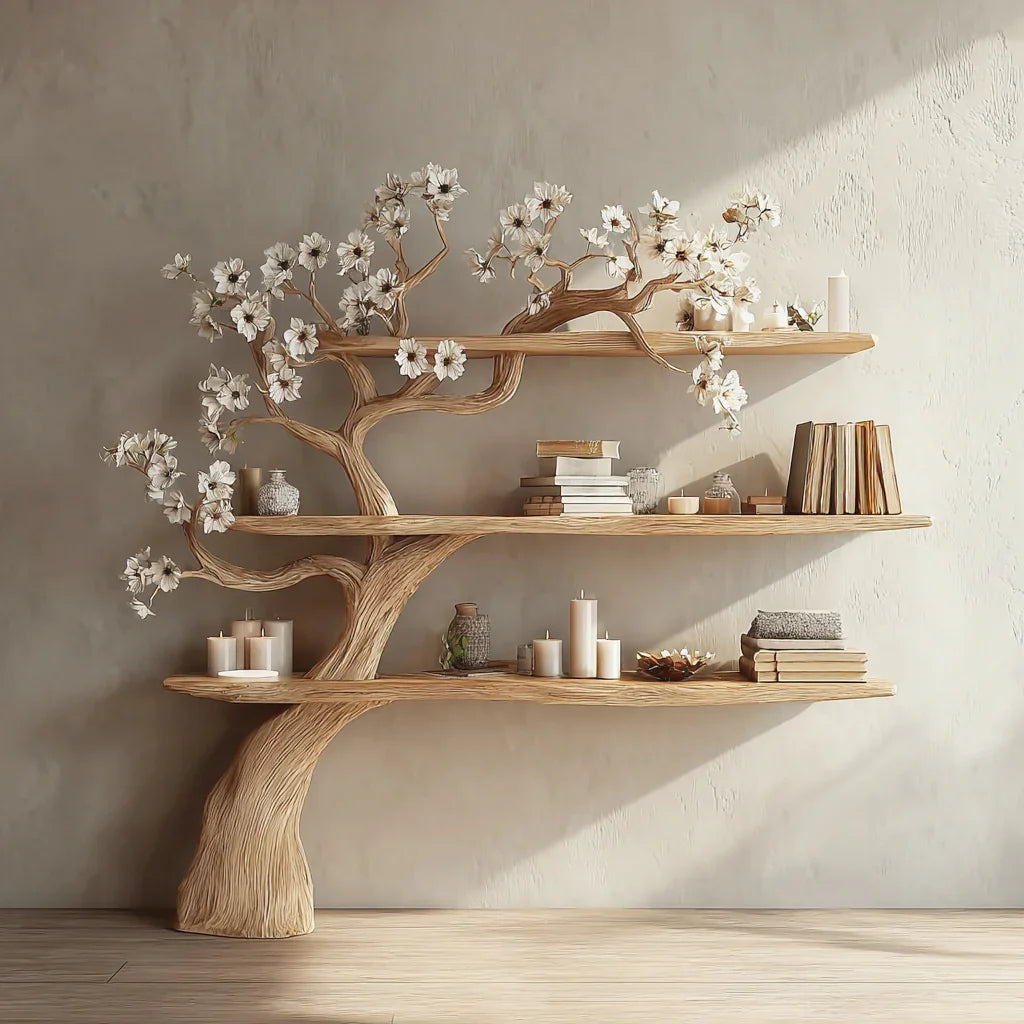 Live edge wooden tree bookshelf with floral branches, books, candles, modern decor