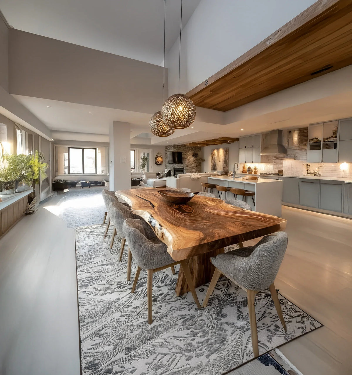 Modern open-concept living space with rustic live-edge wood dining table and gray chairs