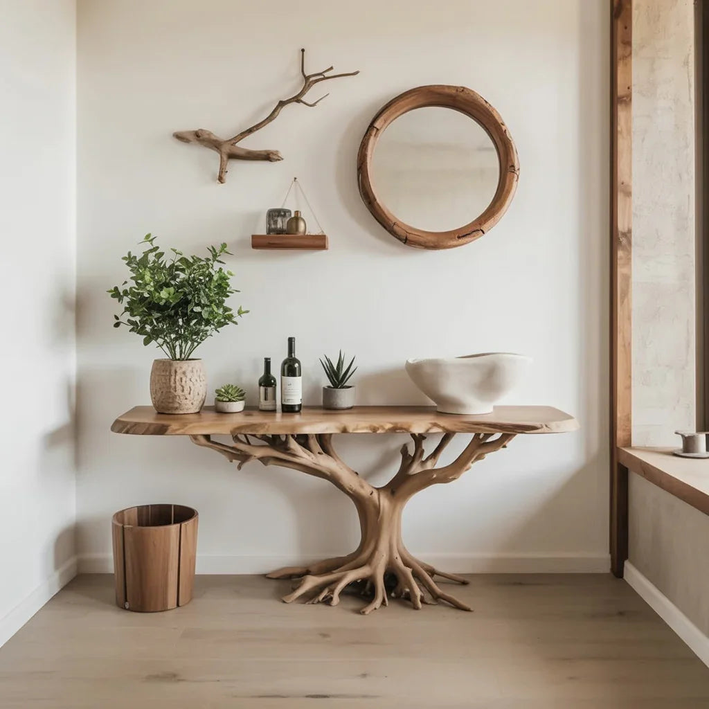 Live edge solid wood tree table in modern entryway with round wood mirror and potted plants