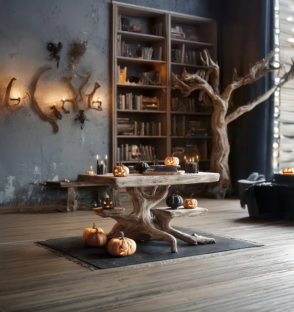 Rustic Halloween-themed room with tree-shaped wooden table, carved pumpkins, black candles, and bookshelf