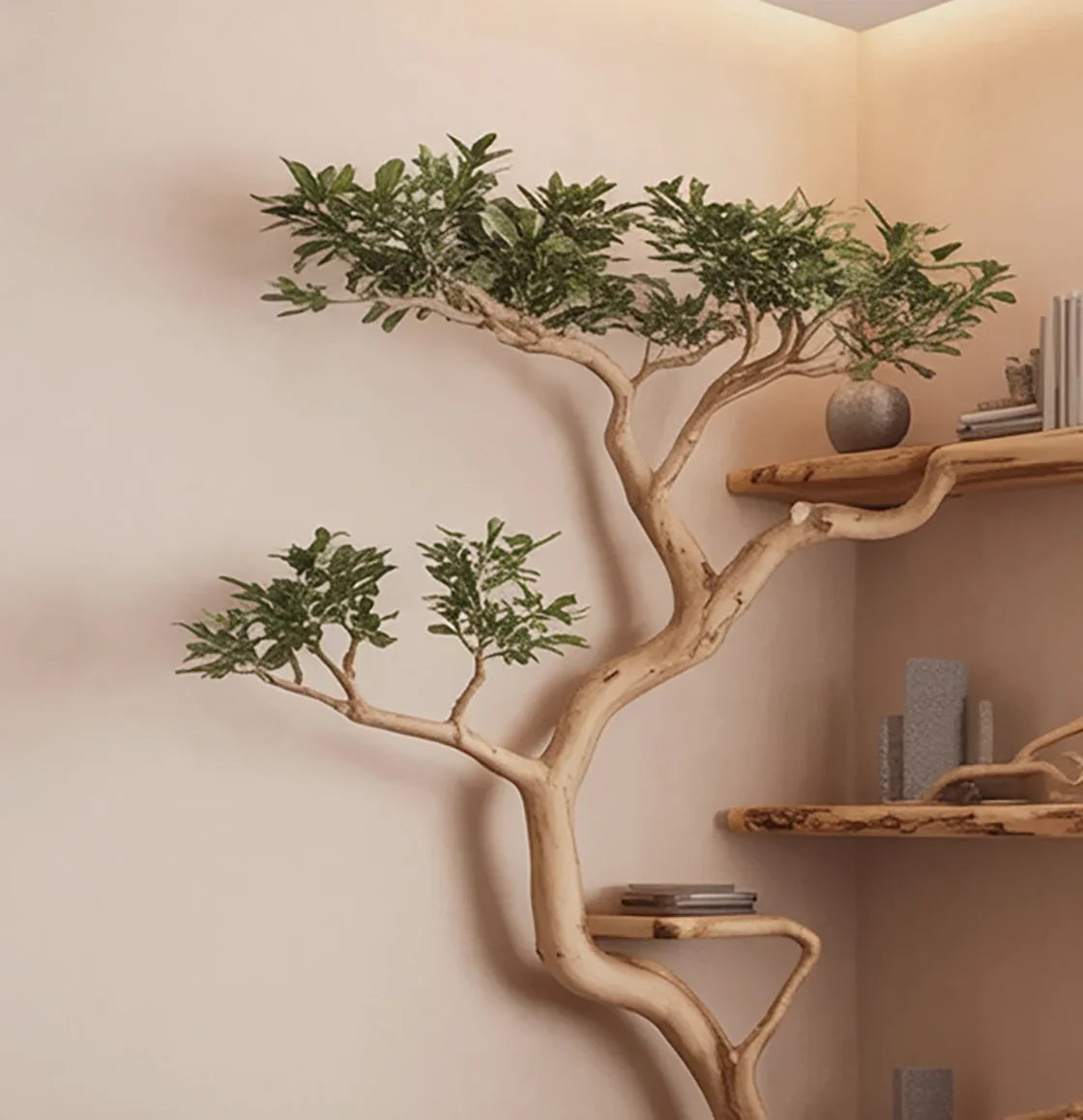 Minimalist interior with curved wooden shelves and leafy tree branch decor in beige room