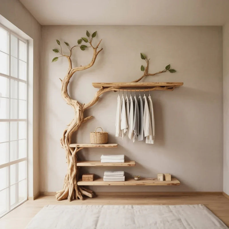 Minimalist wooden tree-shaped shelf with hanging clothes, wicker baskets, and folded towels in beige room