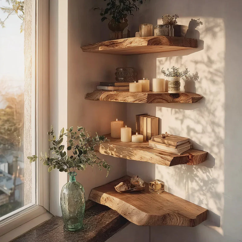 Rustic wooden corner shelves with candles, books, and decor in warm sunlight near window