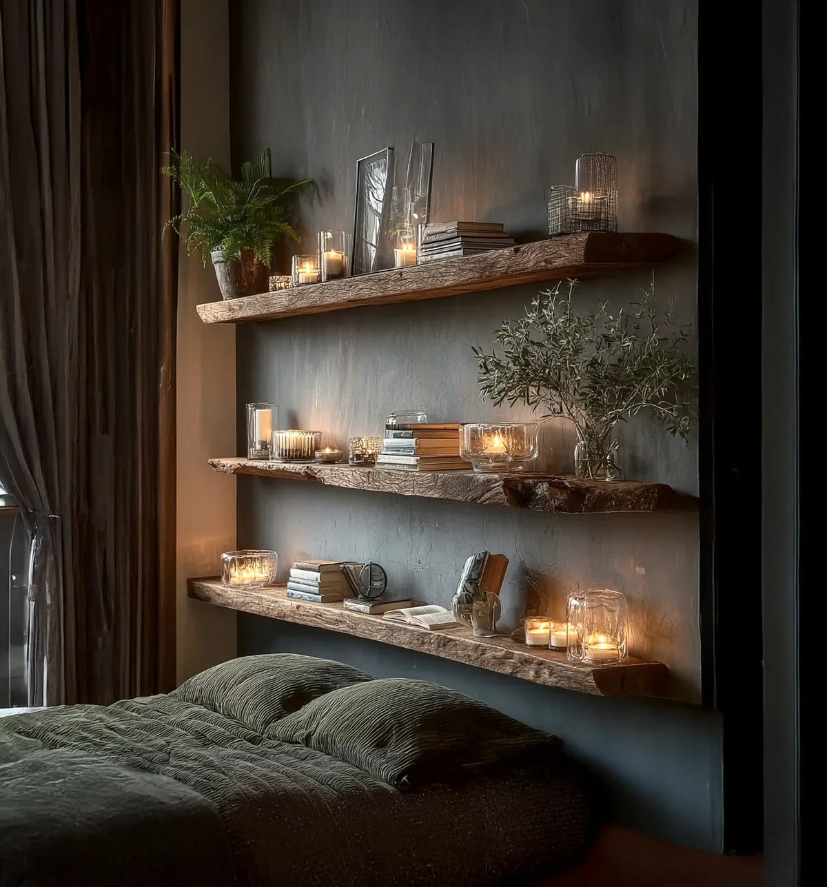 Cozy bedroom with dark green bedding and rustic wooden floating shelves decorated with candles, books, and plants
