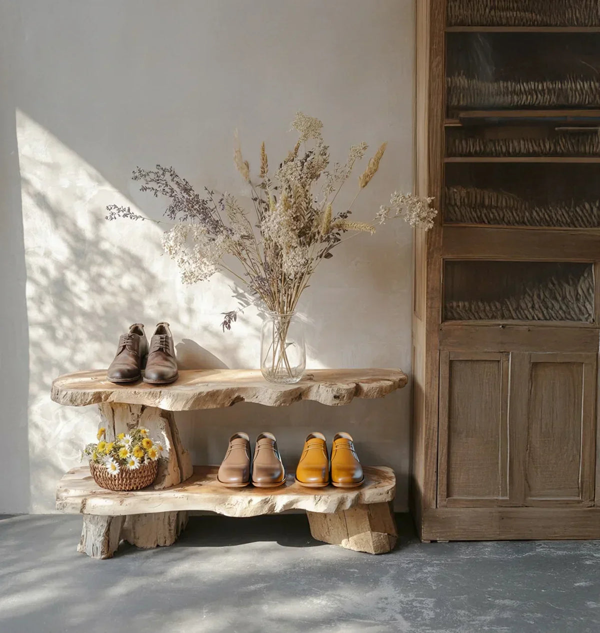 Live edge wooden shoe rack with leather shoes, dried flowers, and basket, rustic interior decor.