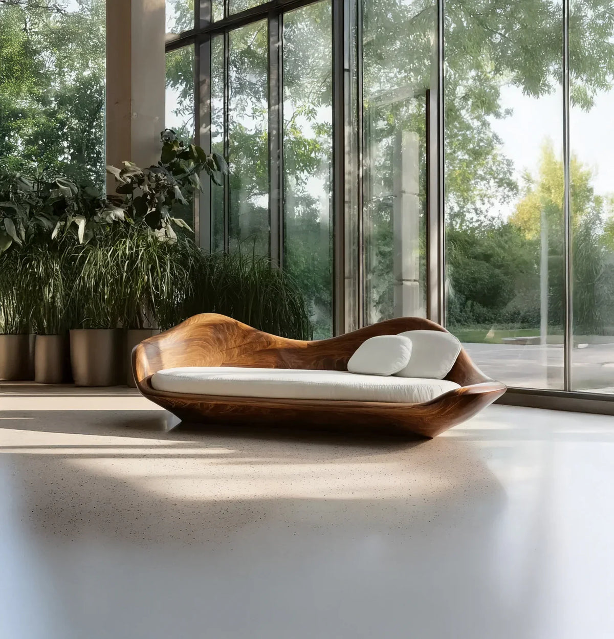 Modern curved wooden sofa with white cushions in bright room with large glass windows and green plants