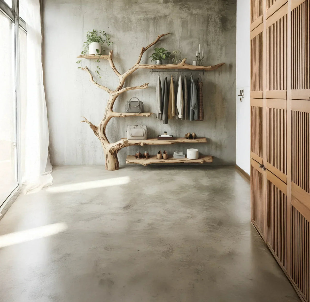 Minimalist closet with wooden tree-shaped shelves holding clothes, shoes, bags, and plants in modern room