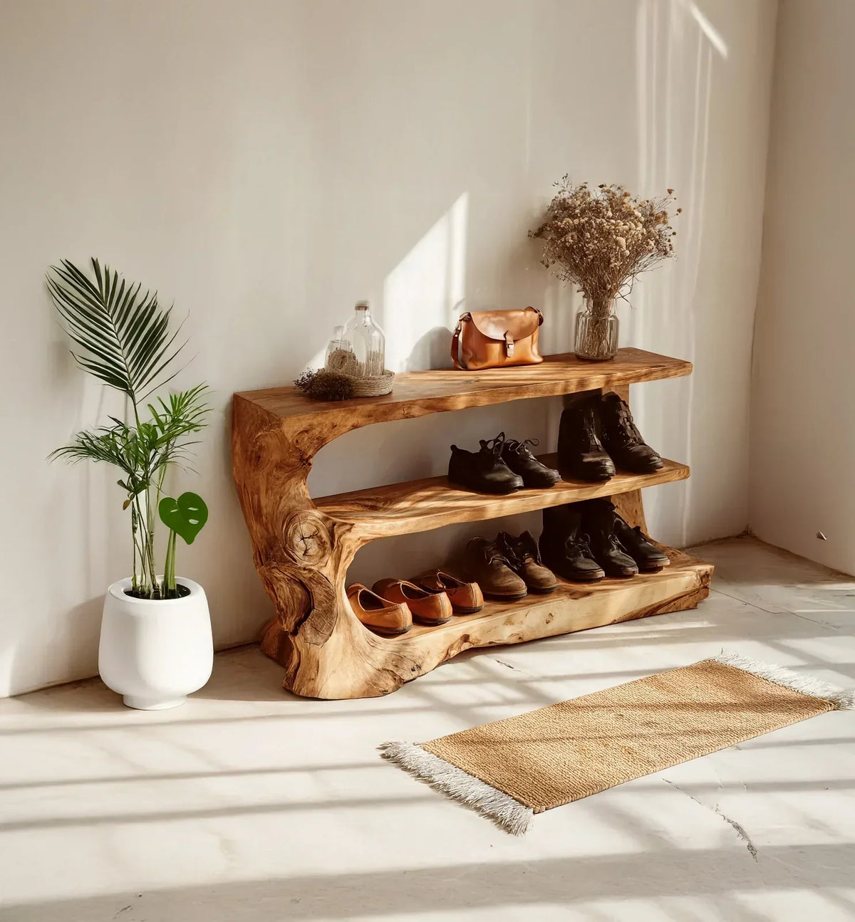 Live edge solid wood entryway shoe rack with shoes, plants, and decor in a sunlit room