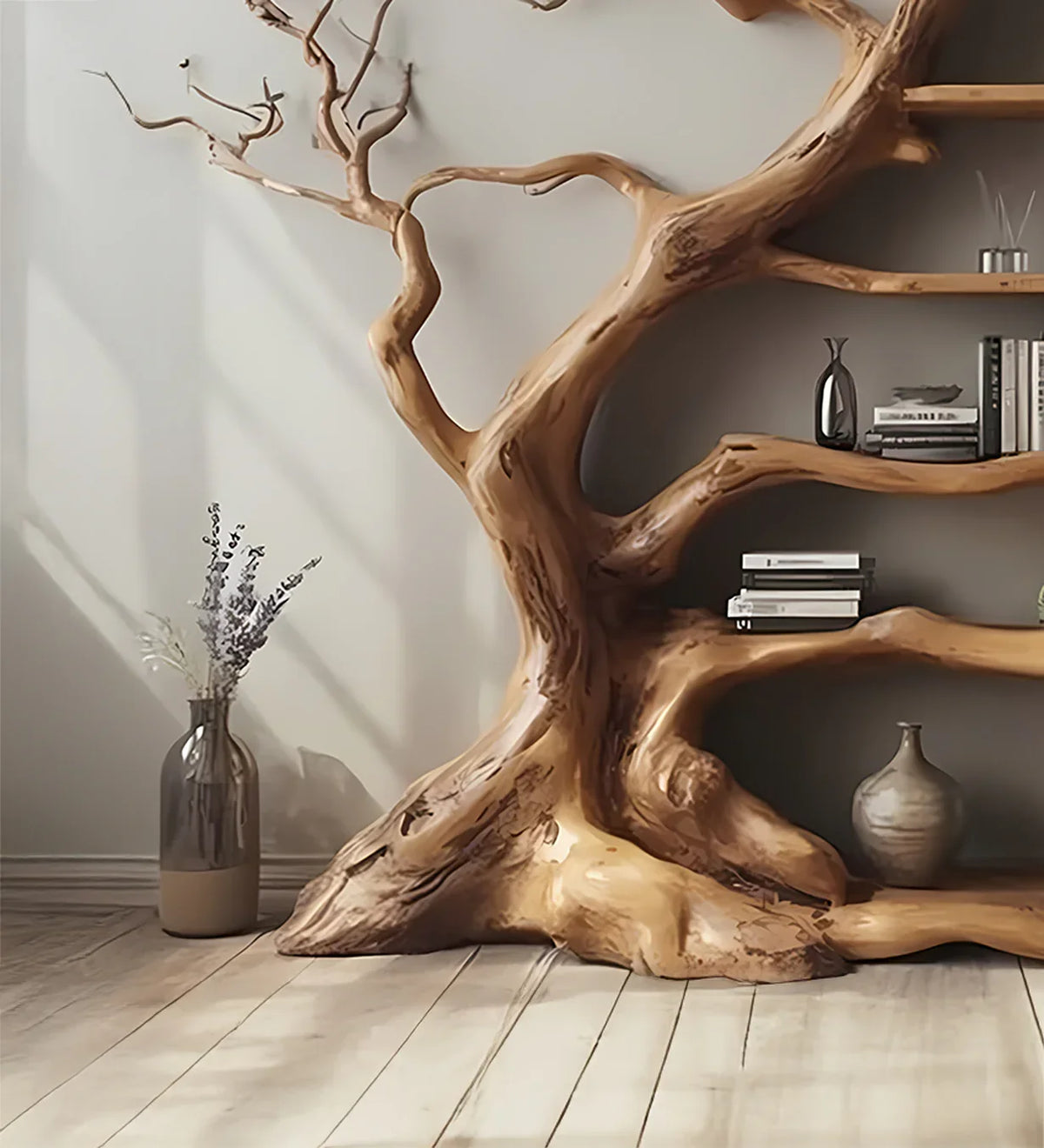 Unique wooden tree branch bookshelf with books and decorative vases in cozy room