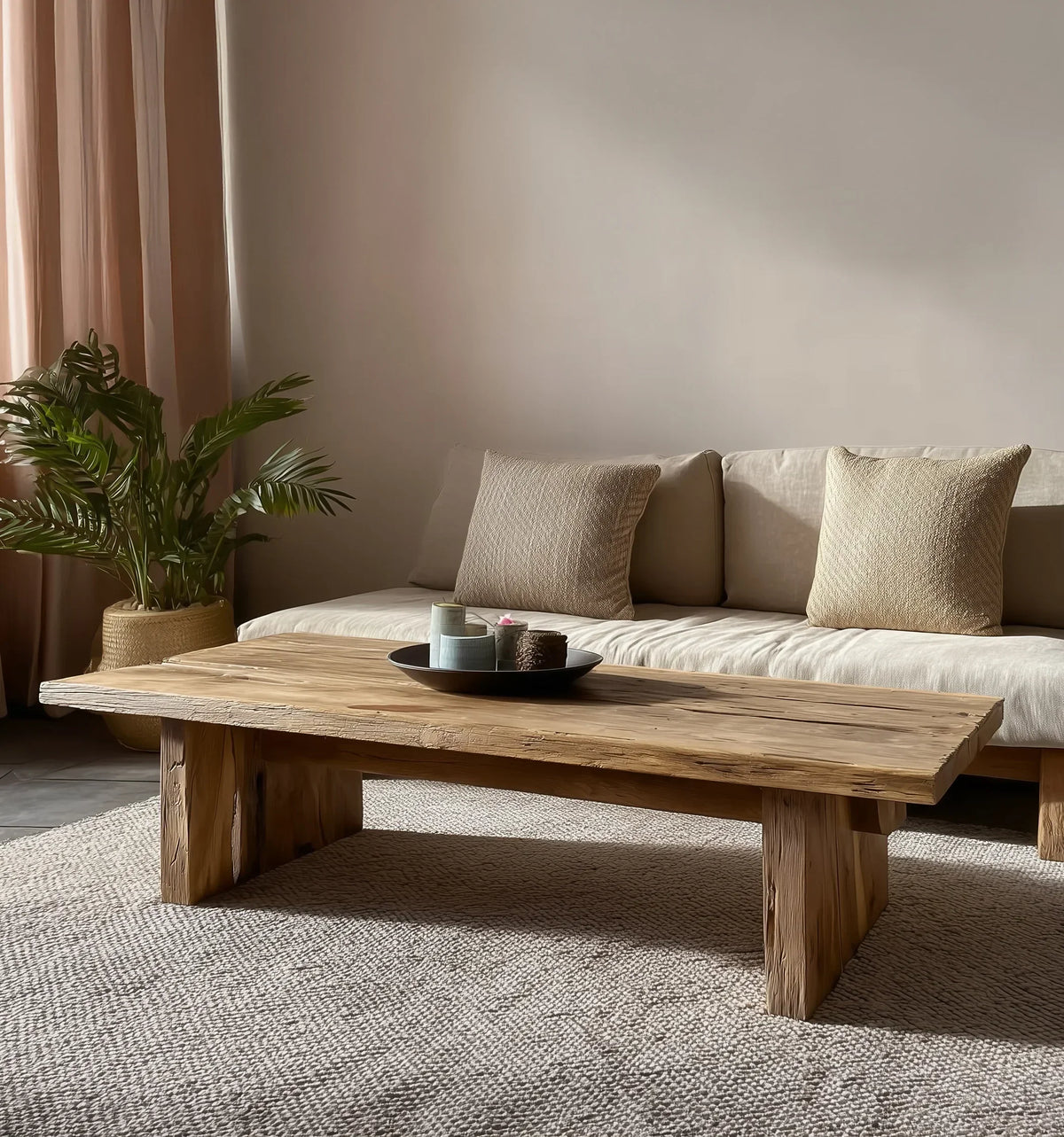 Solid wood live edge coffee table in a modern living room with neutral sofa and houseplant