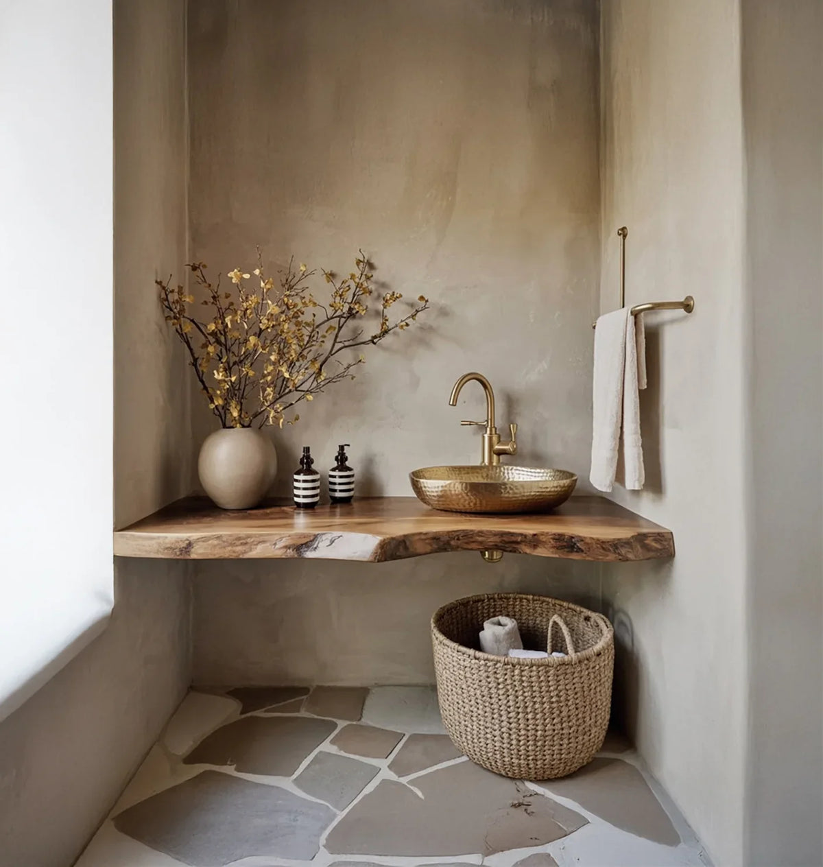 Sustainably crafted live edge wood vanity with gold vessel sink, neutral decor, and woven basket.