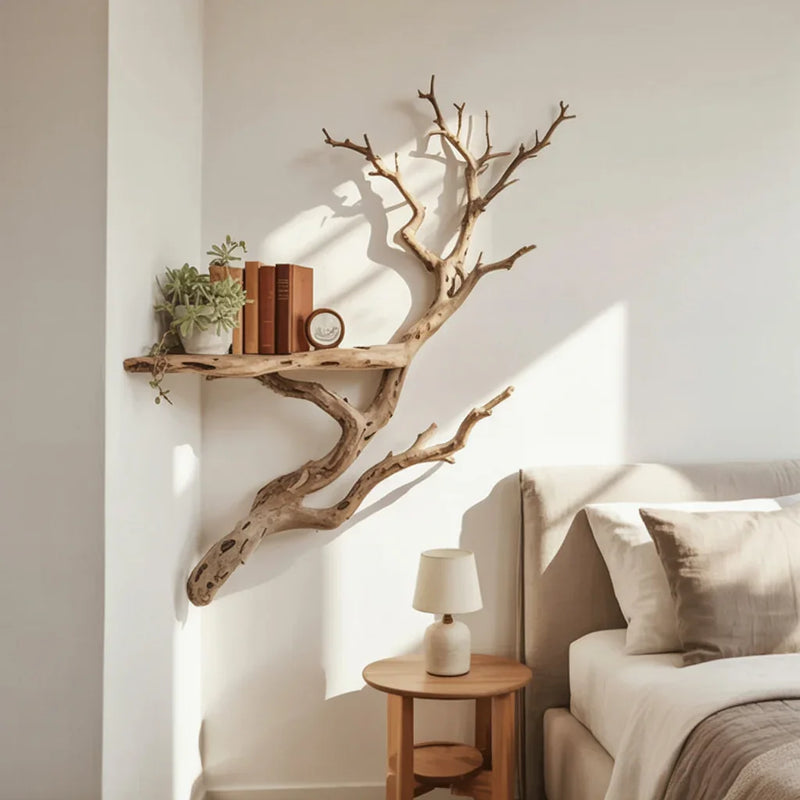 Live edge tree bookshelf with books and plant above nightstand in cozy bedroom