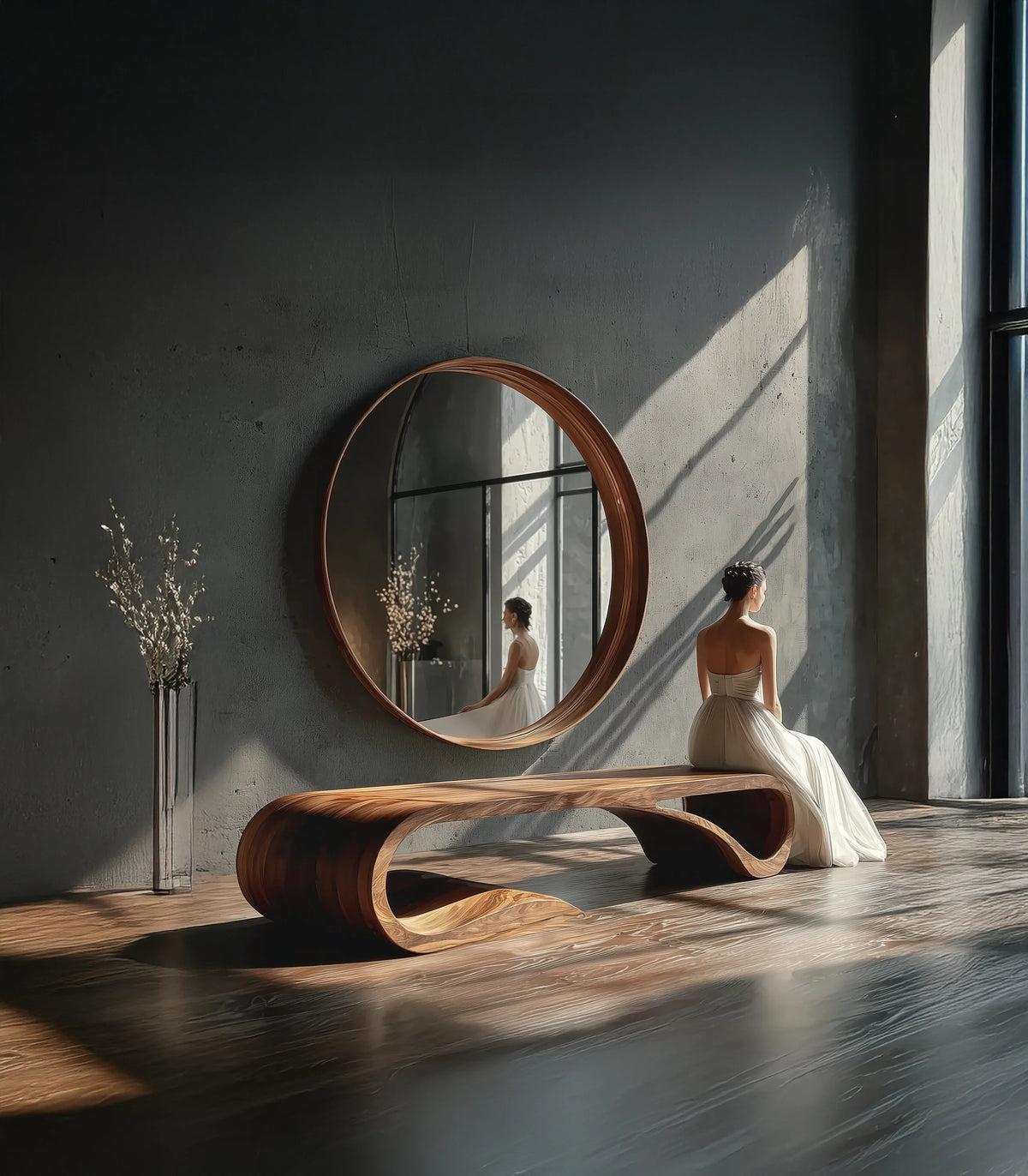 Woman in white dress sitting on curved wooden bench near large round mirror and vase in sunlit room