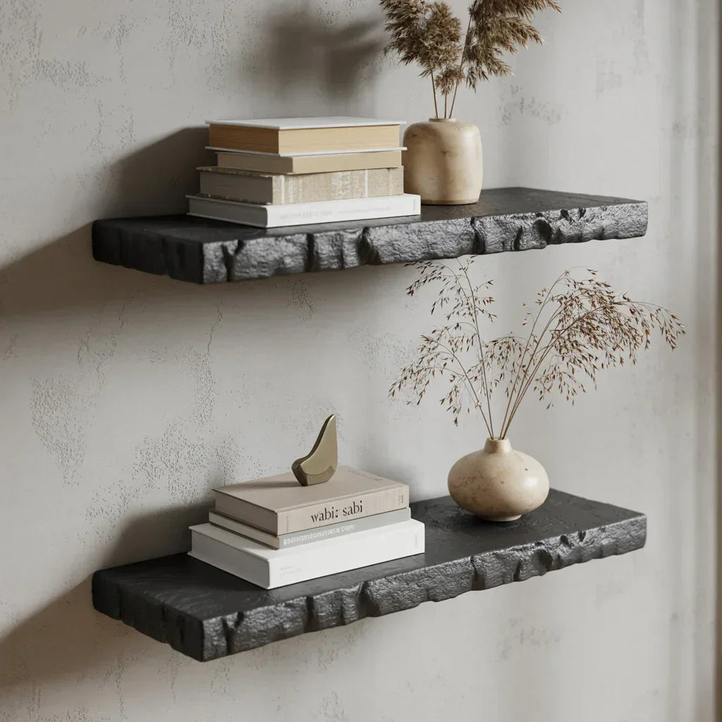 Modern live edge floating wood shelves with books and vases, minimalist wall decor