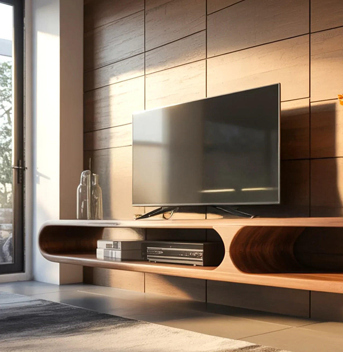 Modern living room with flat-screen TV on curved wooden media console and glass bottles